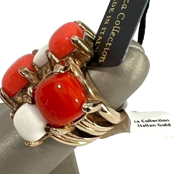 Stunning Coral and White Stone Gold Cocktail Ring / Size 7