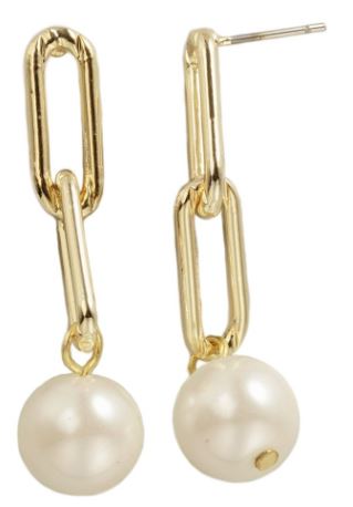 Paper Clip Earrings with White Pearls- Gold