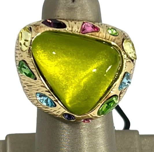 Gorgeous Peridot and Gold Cocktail Ring Embezzeled with Multicolored Crystals/ Size 7