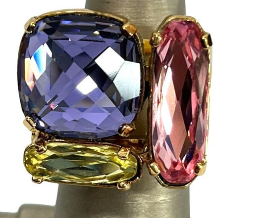 Stunning Purple, Pink and Peridot Crystal Cocktail Ring -/ Size 6