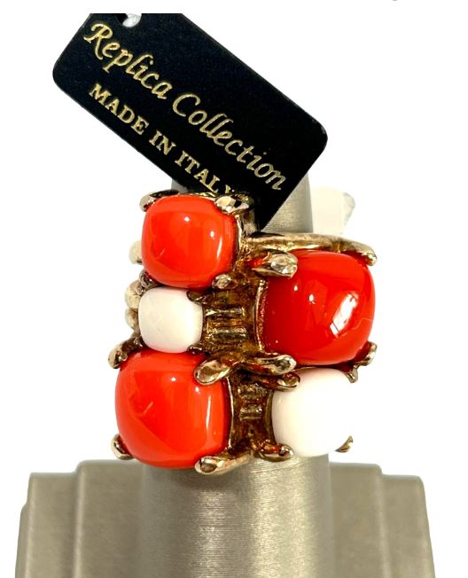 Stunning Coral and White Stone Gold Cocktail Ring / Size 7
